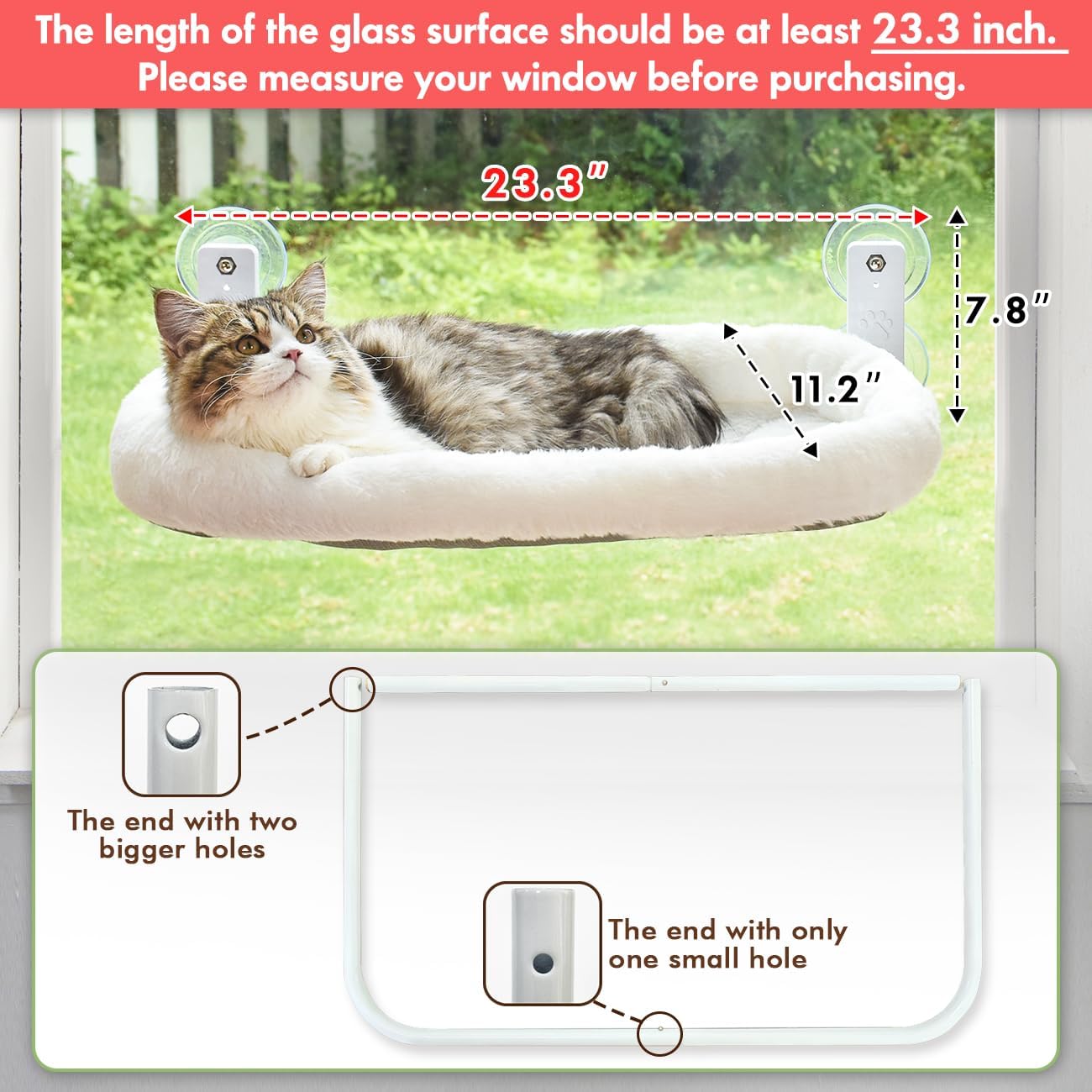 AMOSIJOY Cordless Cat Window Perch with Cushion Bed Metal Frame, L White