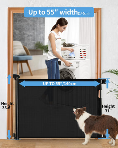 Veraste Retractable Baby Gate for Doorways and Stairs, Mesh Safety Gate for Pet, Indoor & Outdoor Use, One-Hand Operation, Easy Installation, 33.6" Tall, Expands to 55" Wide（Black,33.6"x55"