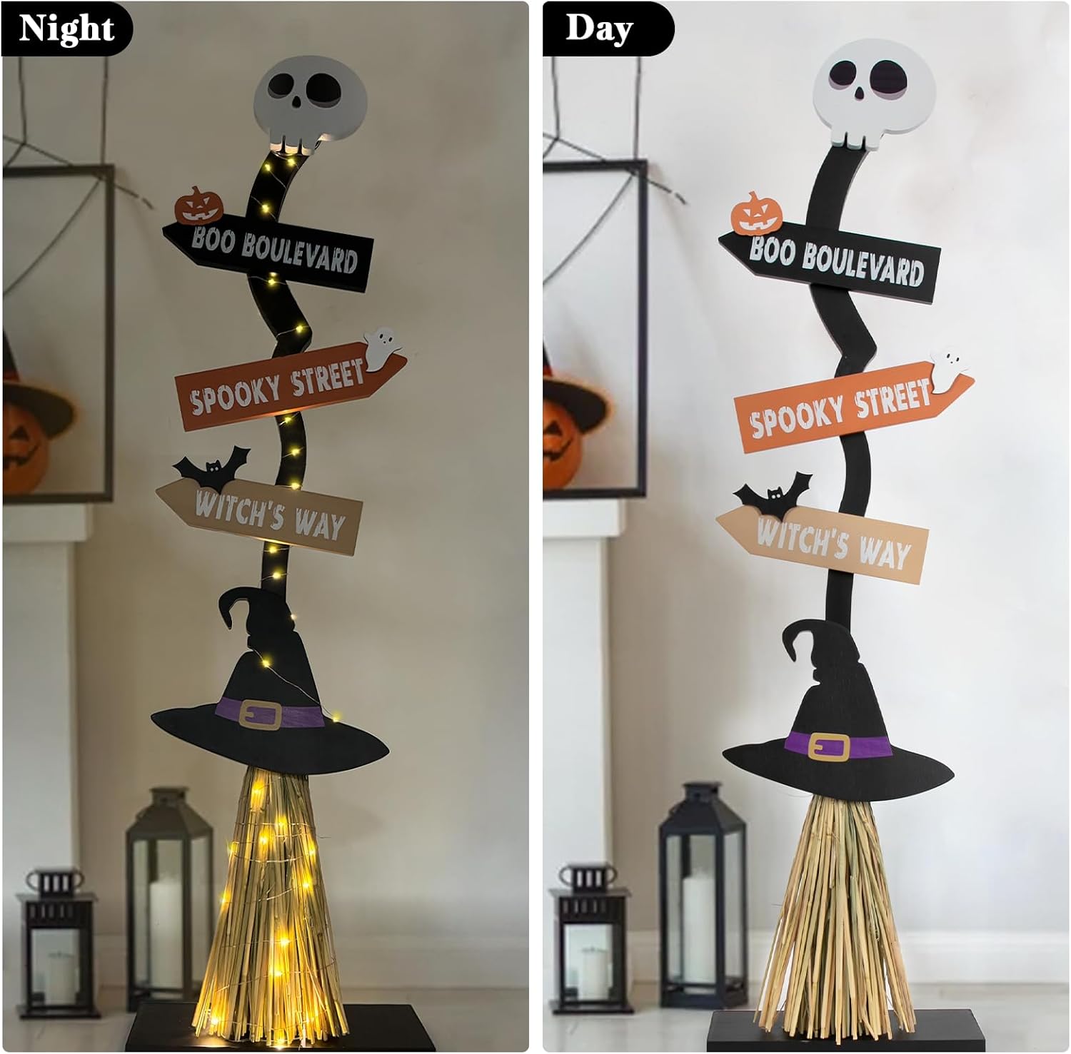 Lighted Halloween Wooden Witch Broom for Indoor Outdoor Decorations