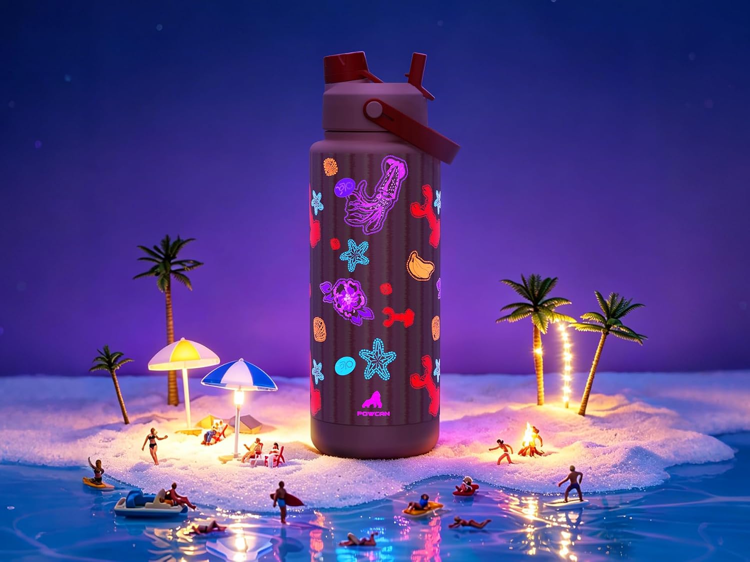 POWCAN 40 oz Insulated Water Bottle with 2-in-1 Straw and Spout Lid, Glow-in-the-Dark, 24H Cold, Leakproof, BPA-Free, Double Wall Stainless Steel for Sports, Gym, Travel, and School (Reef Carnival)