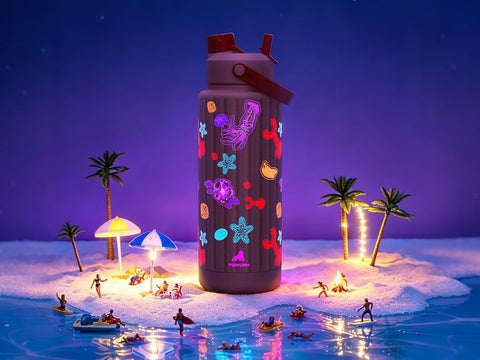 POWCAN 40 oz Insulated Water Bottle with 2-in-1 Straw and Spout Lid, Glow-in-the-Dark, 24H Cold, Leakproof, BPA-Free, Double Wall Stainless Steel for Sports, Gym, Travel, and School (Reef Carnival)