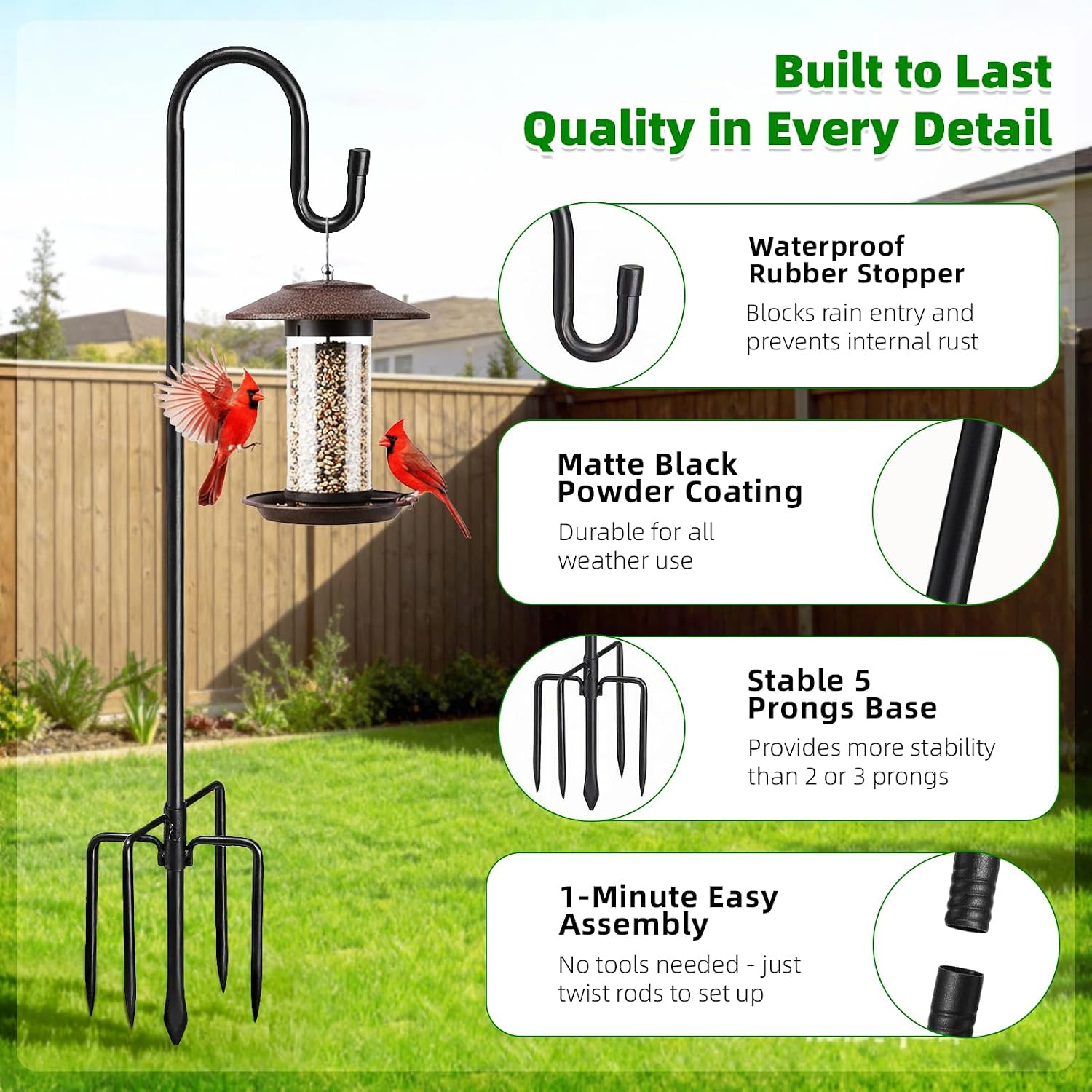 46" Heavy Duty Shepherds Hooks for Outdoor, Bird Feeder Pole with 5 Prong Base, Adjustable Height Shepherds Hook for Hummingbird Feeder, Bird Feeder, Plant, Wind Chimes,Lanterns,Wedding Decor (1 Pack)