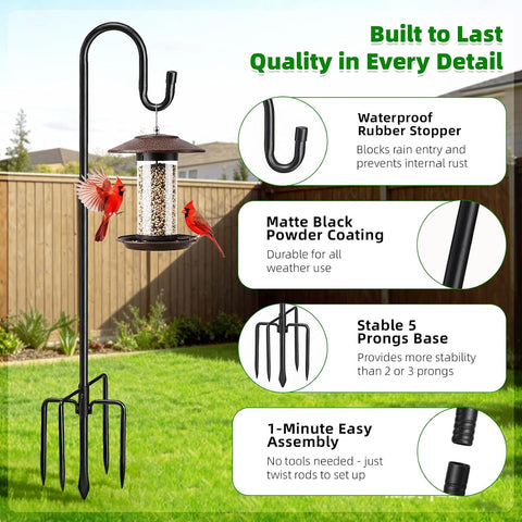 46" Heavy Duty Shepherds Hooks for Outdoor, Bird Feeder Pole with 5 Prong Base, Adjustable Height Shepherds Hook for Hummingbird Feeder, Bird Feeder, Plant, Wind Chimes,Lanterns,Wedding Decor (1 Pack)