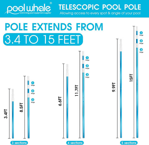 POOLWHALE Premium 15 Ft Pool Pole -Telescoping Swimming Pool Cleaning Poles