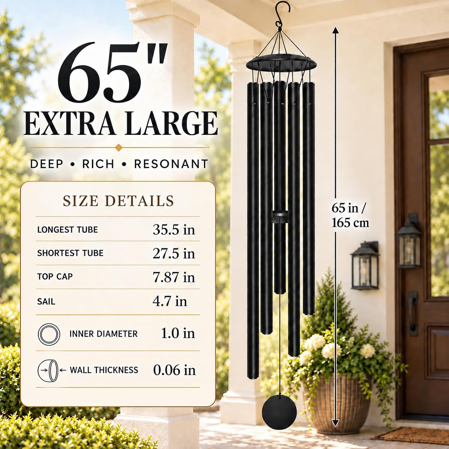 65" Extra Large Wind Chimes for Outside, Deep Tone Black