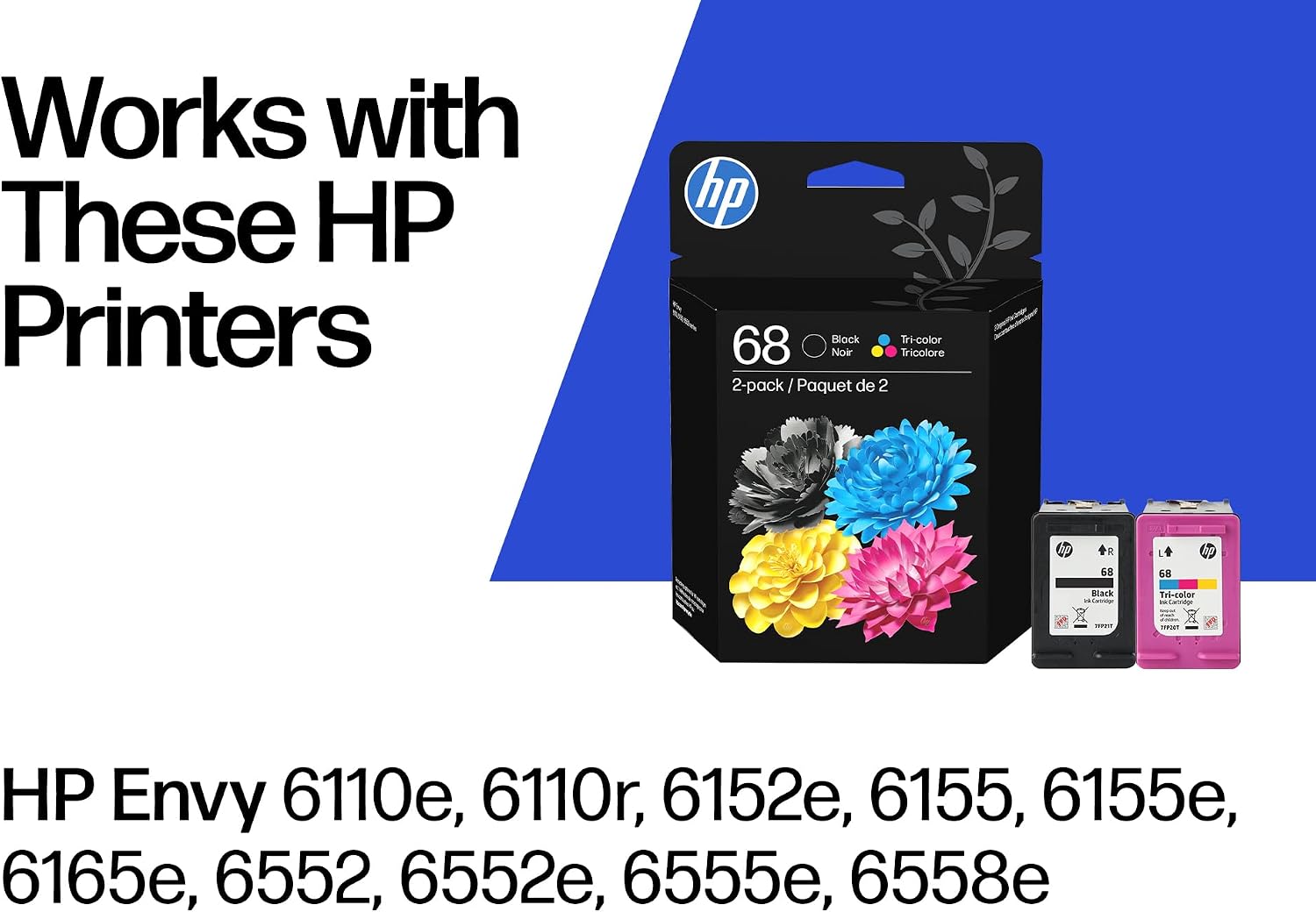 HP 68 Black/Tri-Color Ink Cartridges (2-Pack) | Works with Envy 6100e, 6500e Series | 6L6S2TN | Packaging May Vary