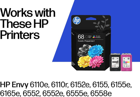 HP 68 Black/Tri-Color Ink Cartridges (2-Pack) | Works with Envy 6100e, 6500e Series | 6L6S2TN | Packaging May Vary