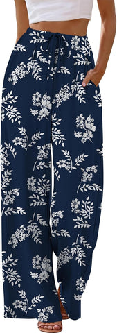 Sampeel Wide Leg Pants for Women Flowy Palazzo Drawstring Elastic Waist Trousers with Pockets Summer Beach Vacation Clothes