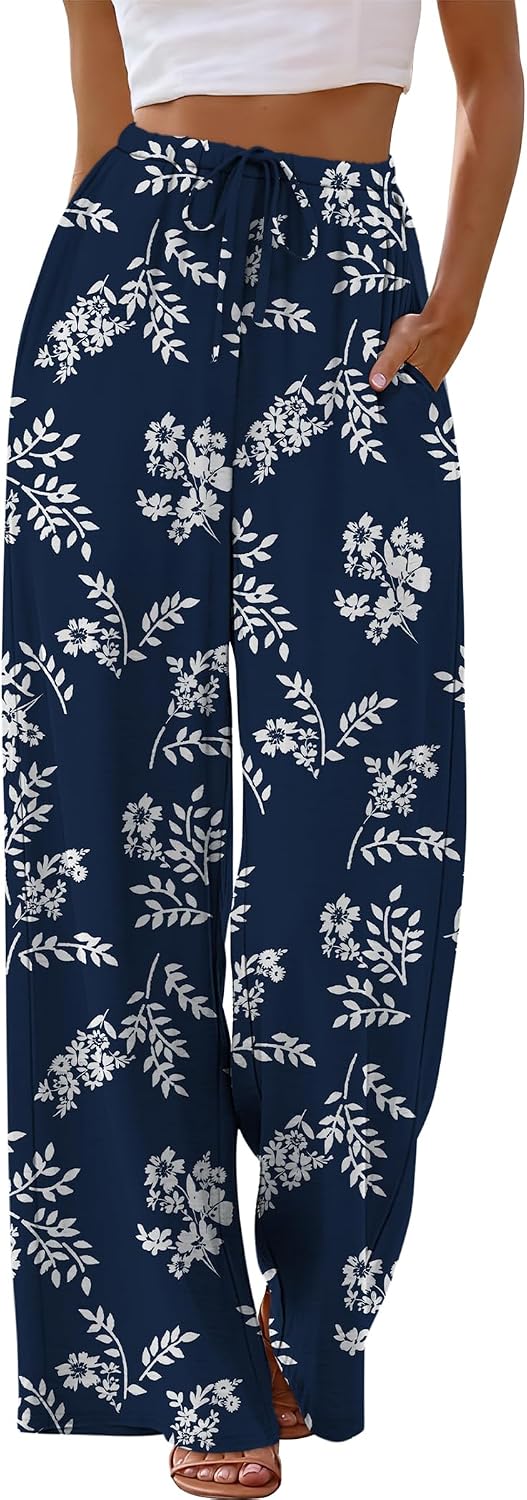 Sampeel Wide Leg Pants for Women Flowy Palazzo Drawstring Elastic Waist Trousers with Pockets Summer Beach Vacation Clothes