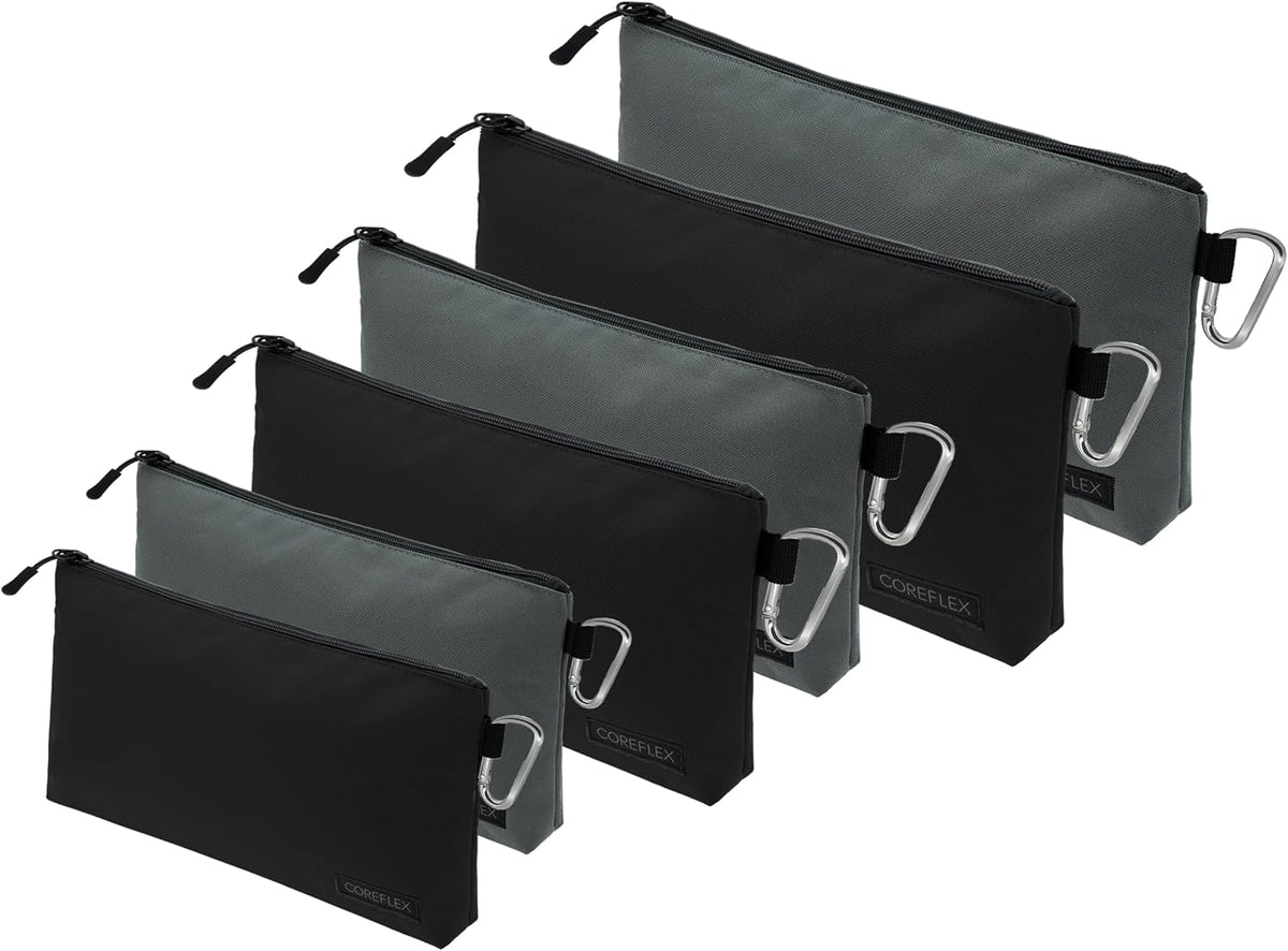 COREFLEX Premium Tool Pouch Zipper Bag, Small Tool Bag, Multipurpose Storage pouch, Heavy duty Flat Bottom Tool bag with YKK Zipper (6 pack Combo mixed size Black &Grey)