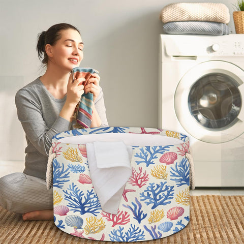 Ioracida Beach Theme Round Storage Basket, Blanket Basket for Living Room, 19.4" x 13.3" Starfish Seashell Coral Coastal Baskets for Home Toy Closet Towels Pillows Clothes, Laundry Basket with Handles