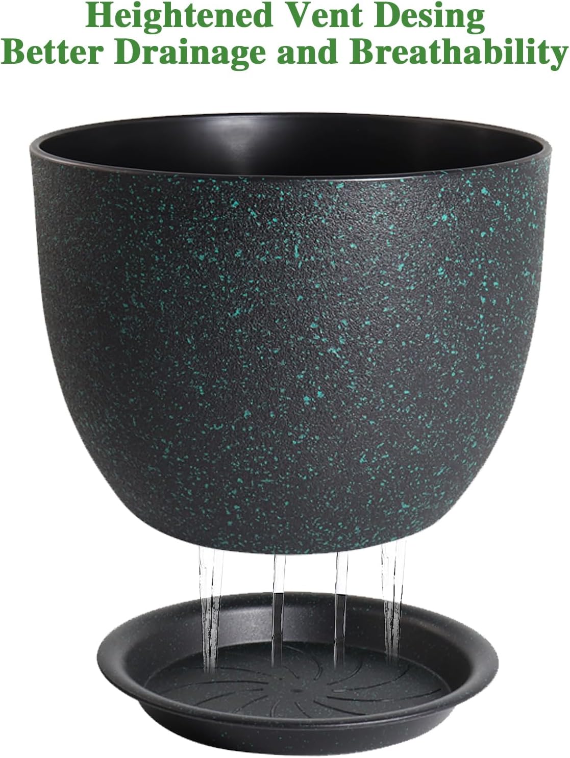 UOUZ 12inch Large Plant Pot, Modern Plastic Planter with High Driange Holes and Saucer for Indoor Outdoor Garden Plants and Flowers, Black with Green Speckles