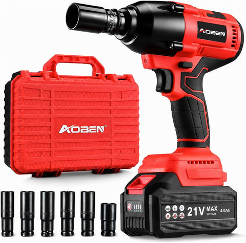 AOBEN Cordless Impact Wrench 1/2 Inch, Power Impact Gun Kit, Max 600N. M/450Ft-lbs High Torque Electric Impact Driver for Car RV Tire, 4.0Ah Battery, Charger, 6 Sockets & Storage Tool Case