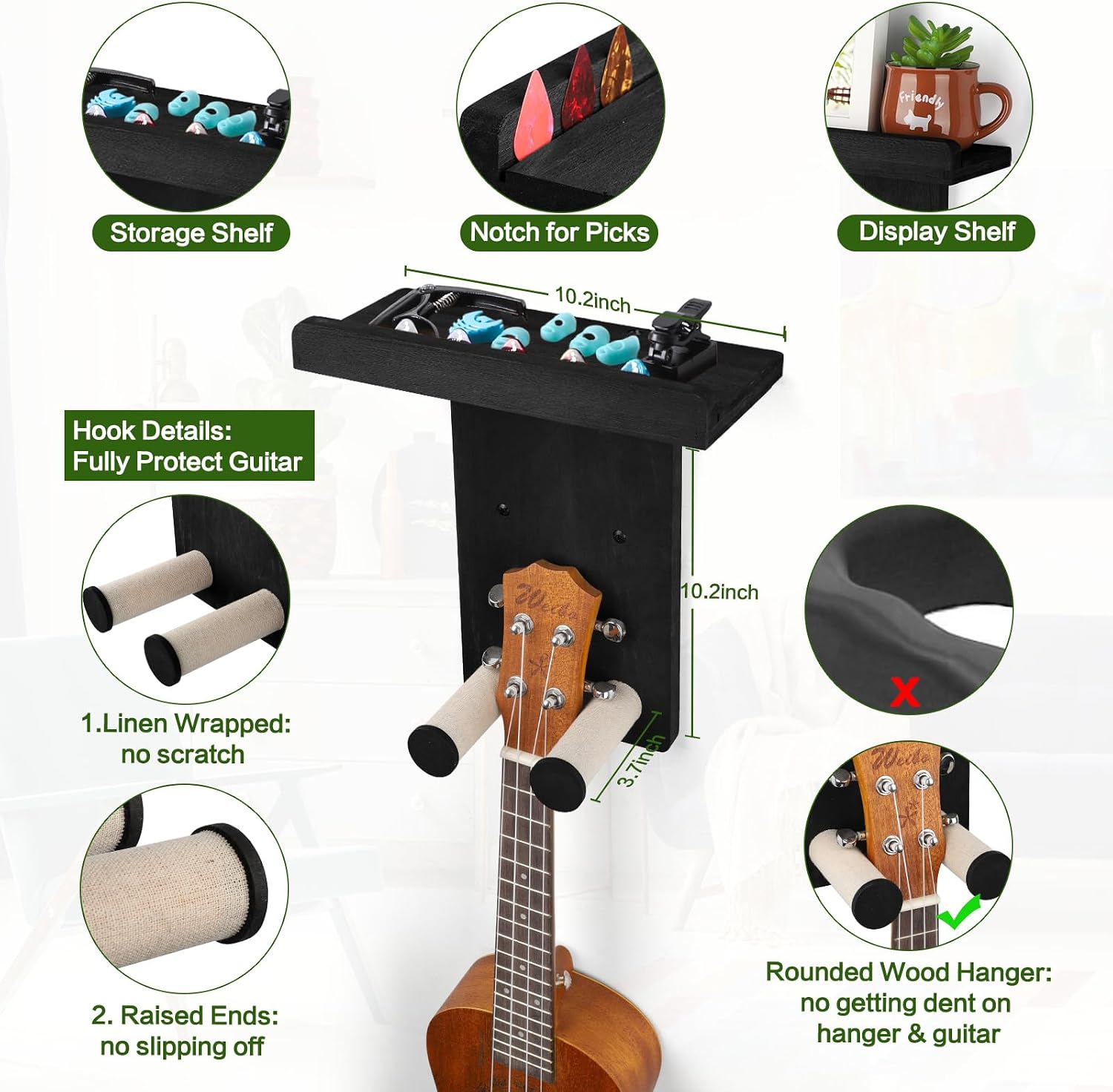 Keebofly Guitar Wall Mount - Single Pack, Wall Hanger with Pick Holder - Guitar & Ukulele Rack, Rustic Wood Black, Patented