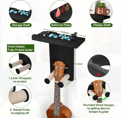 Keebofly Guitar Wall Mount - Single Pack, Wall Hanger with Pick Holder - Guitar & Ukulele Rack, Rustic Wood Black, Patented