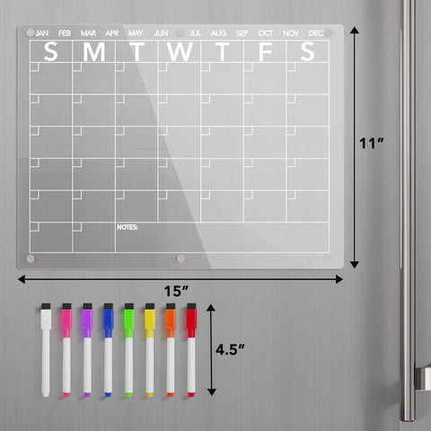Neatsure Acrylic Magnetic Dry Erase Board Calendar for Fridge, Clear Monthly Planner Whiteboard for Refrigerator, w/ 8 Colors Markers, 15"x11"