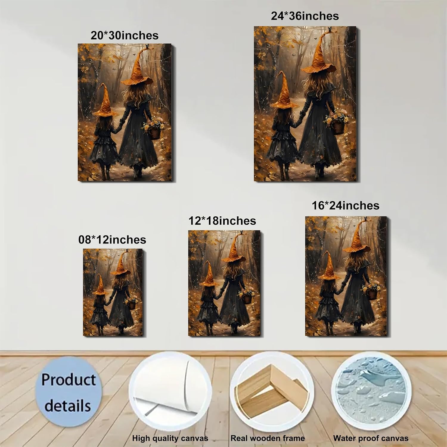 Halloween Witch Framed Canvas Art 16x24, Two Cute Witches in the Autumn Scene Forest Poster, Fall Pictures Wall Decor Prints for Living Room, Bedroom, Perfect Festive Home Decorations
