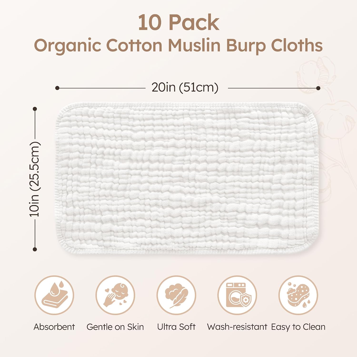 Yoofoss Muslin Burp Cloths for Baby 10 Pack 100% Organic Cotton Baby Washcloths for Boys Girls Large 20''X10'' Super Soft and Absorbent White