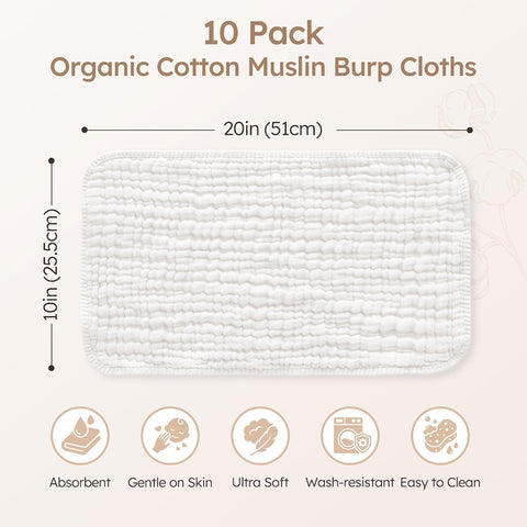 Yoofoss Muslin Burp Cloths for Baby 10 Pack 100% Organic Cotton Baby Washcloths for Boys Girls Large 20''X10'' Super Soft and Absorbent White