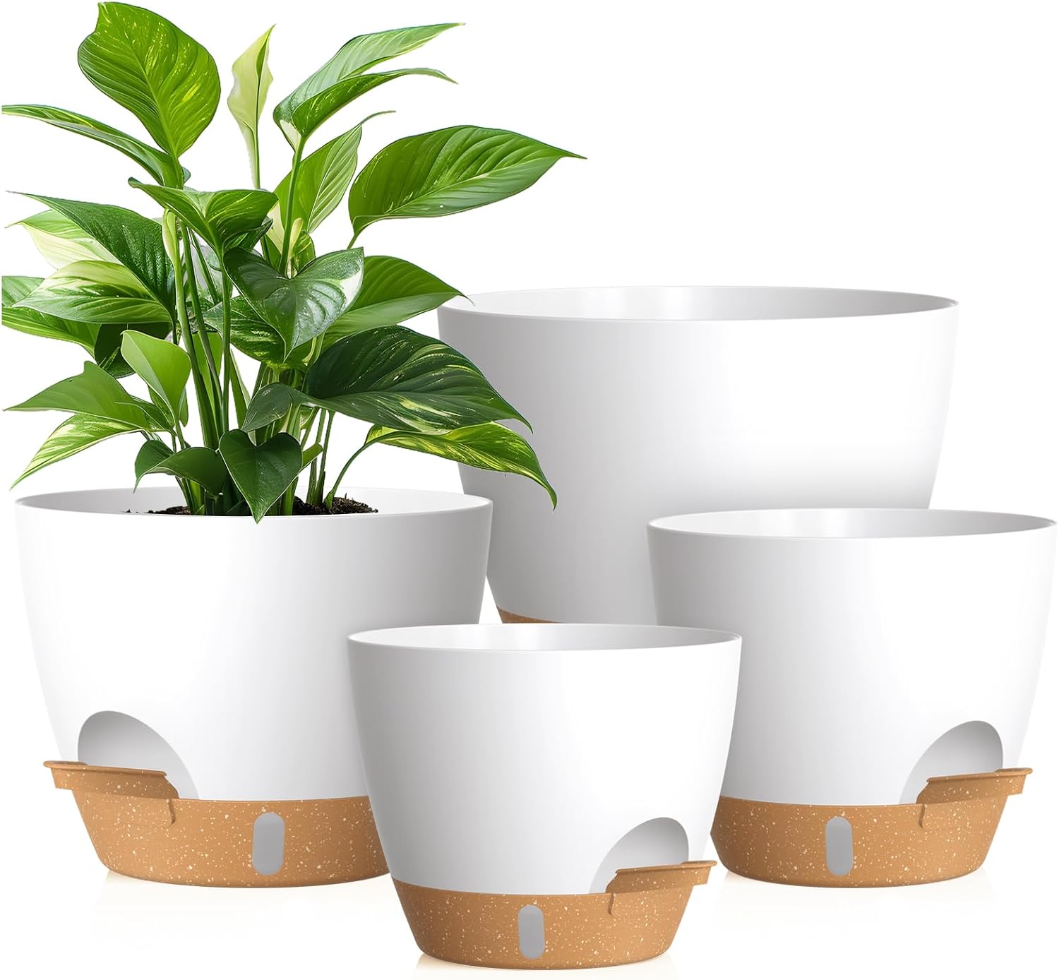 Plant Pots, 4 Pack 12/10/9/8 Inch Self Watering Pots with Drainage Holes, Water Level Indicator Deep Reservoir, Large Planters for Indoor Outdoor Plants - White Brown