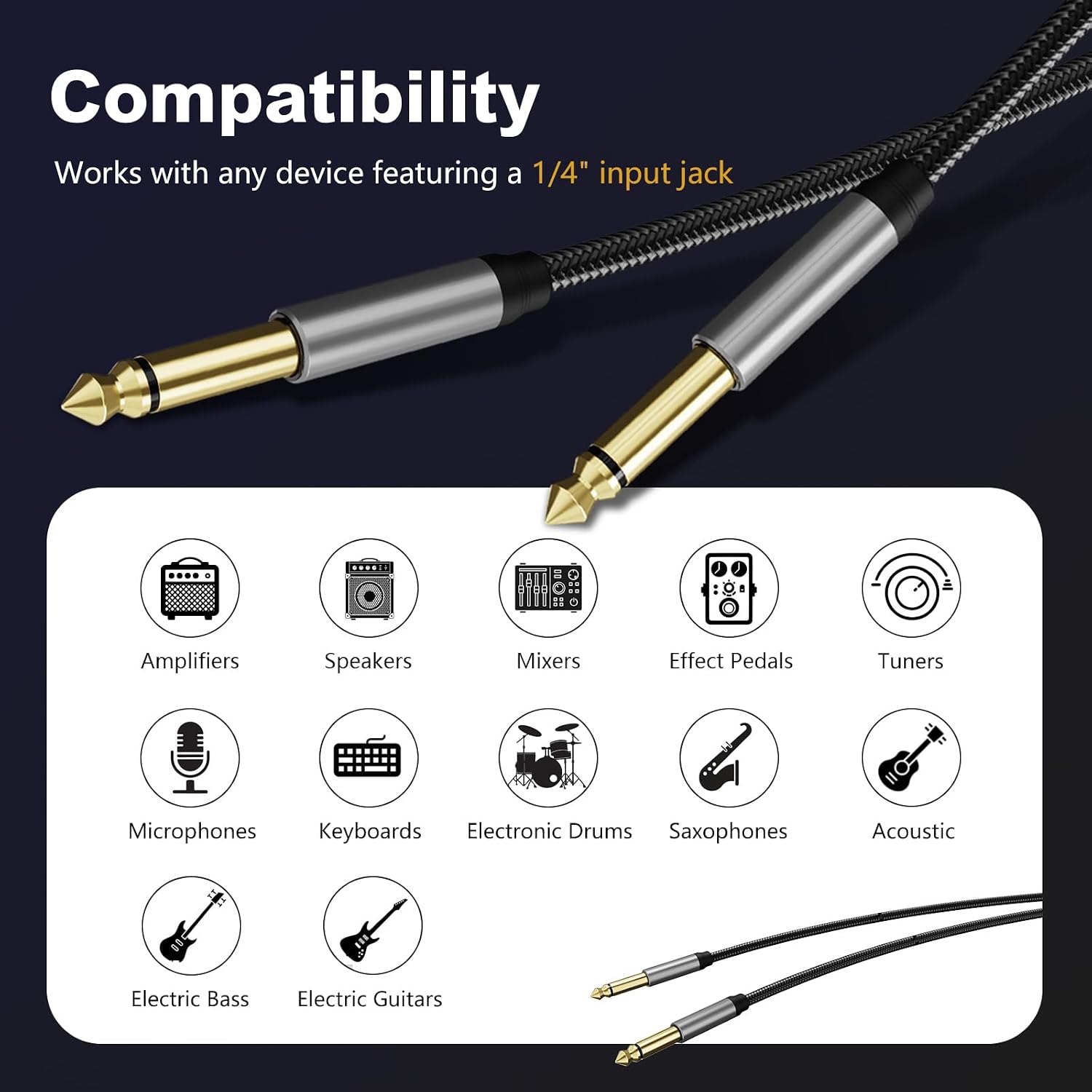 6.35mm Instrument Cable 20Ft,Silver Color Premium 6.35mm Mono Jack 1/4" TS Cable Unbalanced Guitar Patch Cords/Instrument Cable Male to Male with Zinc Alloy Housing and Nylon Braid(20Ft/6M)