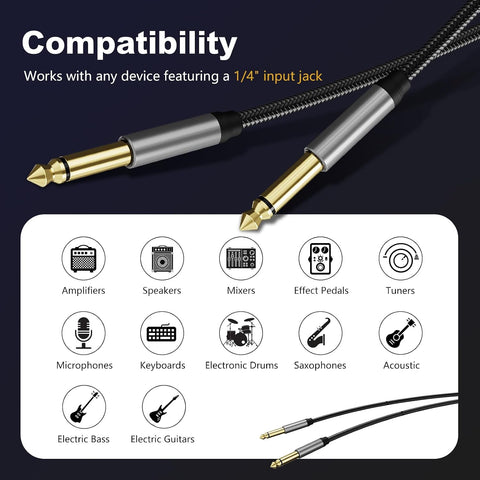 6.35mm Instrument Cable 20Ft,Silver Color Premium 6.35mm Mono Jack 1/4" TS Cable Unbalanced Guitar Patch Cords/Instrument Cable Male to Male with Zinc Alloy Housing and Nylon Braid(20Ft/6M)