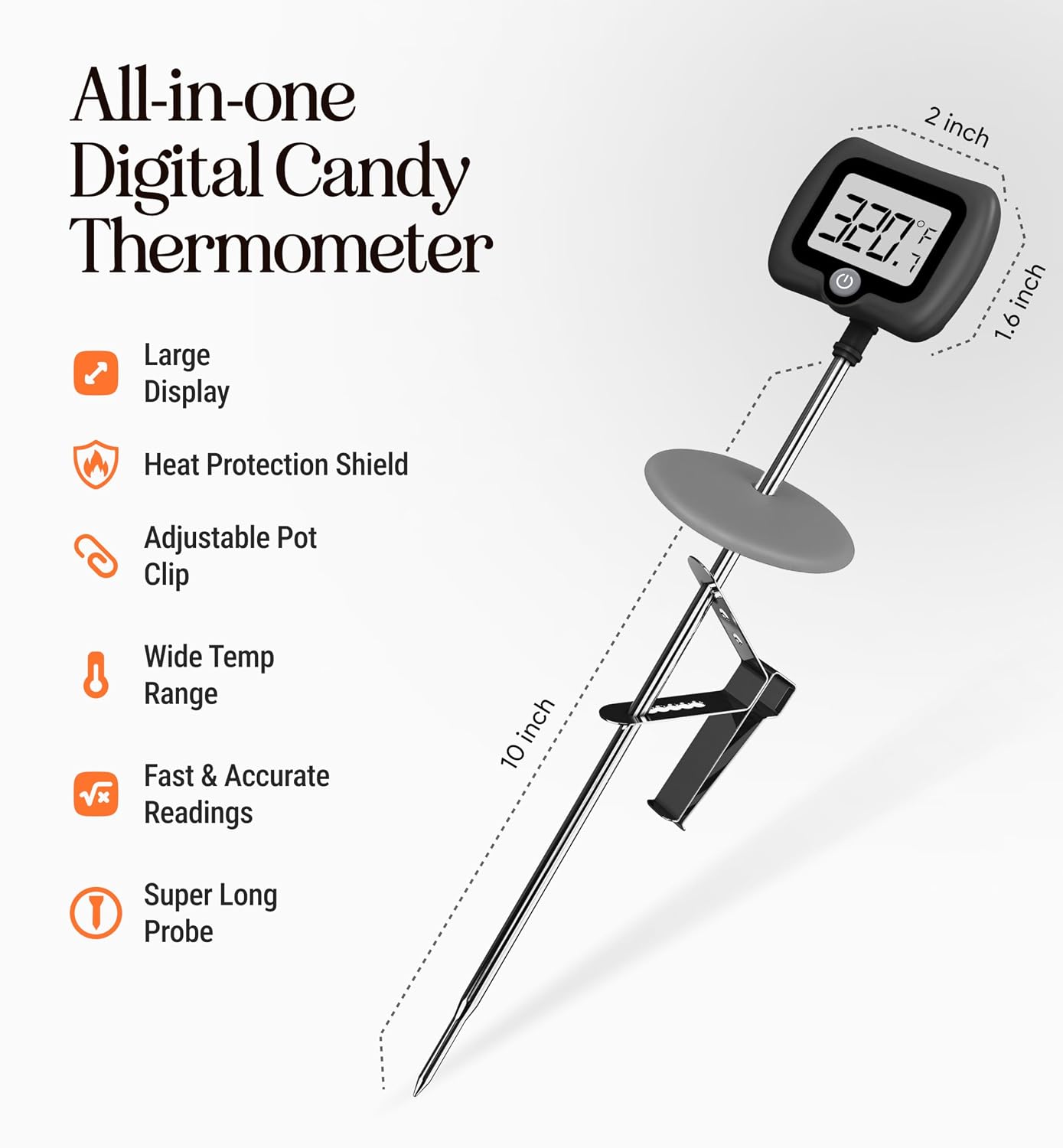 Digital Candy Thermometer with Pot Clip, 10" Long Stainless Steel Probe, Instant Read Kitchen Thermometer for Cooking, Baking, and Candy Making (Dark Gray)