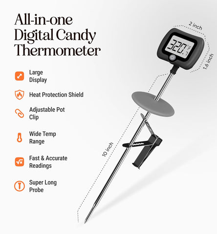 Digital Candy Thermometer with Pot Clip, 10" Long Stainless Steel Probe, Instant Read Kitchen Thermometer for Cooking, Baking, and Candy Making (Dark Gray)