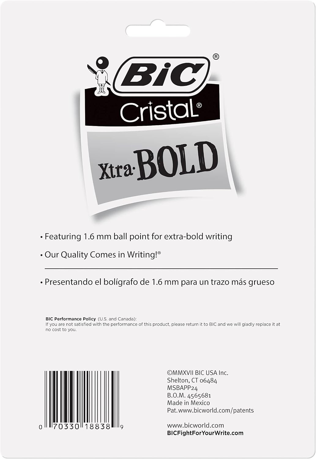 BIC Cristal Xtra Bold Ballpoint Pens, Bold Point, 1.6 mm, 24-Count Pack