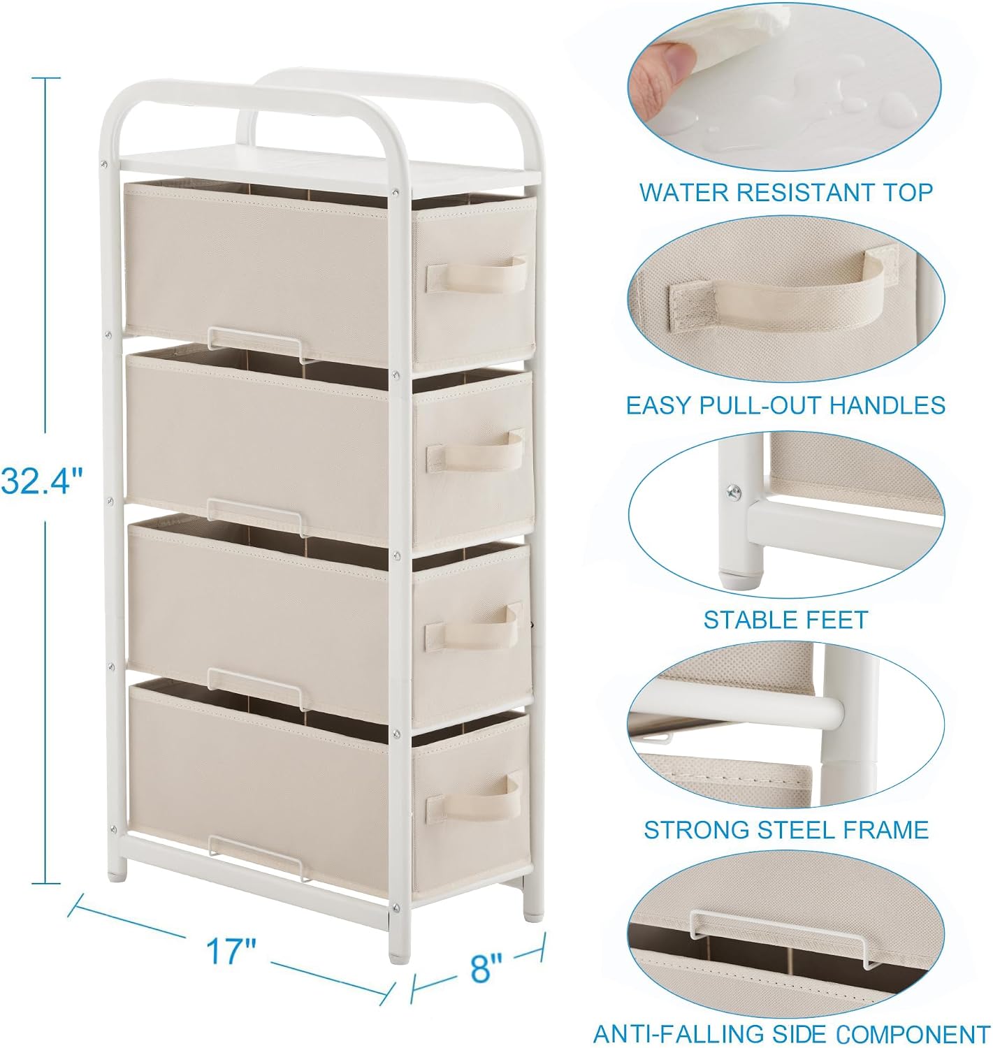 MAX Houser 4 Drawer Narrow Dresser Fabric Storage Tower Vertical Slim Storage Chest Organizer Nightstand Side/End Table Small Standing Organizer Removable Drawers Wood Top for Bedroom, Bathroom(Beige)