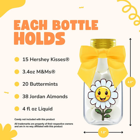 Ethisa Small 12 Pack Daisy Party Favors - DIY Candy Jars with Ribbons and Stickers - Party Decoration Bottles for Birthday, School Classroom and Baby Shower - Flower Table Centerpiece Gifts for Kids
