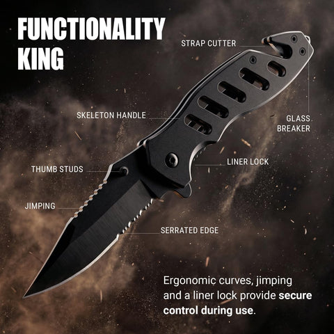 Tactical Legal Knife for Men Women - 2.68 inch Serrated Blade - Small Black Pocket Knives with Glass Breaker Seatbelt Cutter - Cool Folding Tool for Camping Work EDC - Mens Birthday Gift Ideas 6655 B