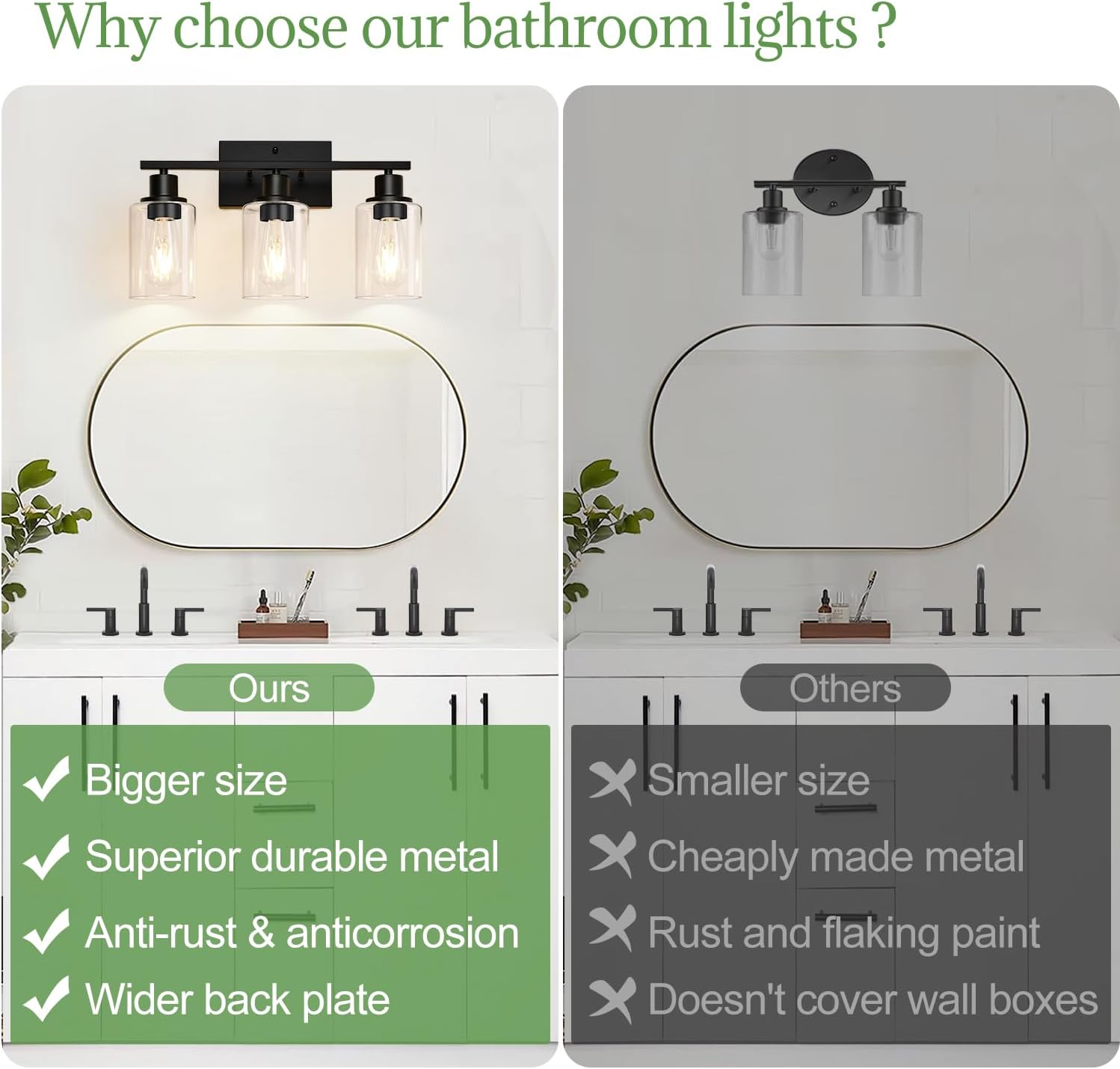 Indoi 3-Light Bathroom Light Fixtures, Matte Black Modern Vanity Lights with Clear Glass Shades, Bathroom Wall Lamp for Mirror Living Room Cabinet Bedroom Porch
