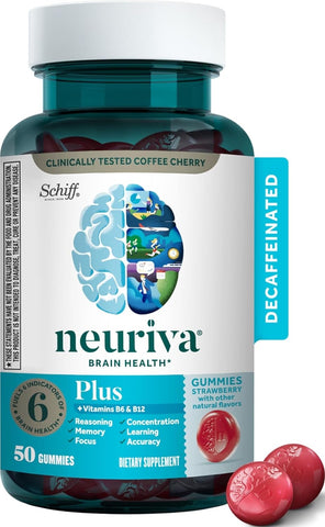 NEURIVA Plus Brain Supplements for Memory and Focus, Clinically Tested Nootropics Neurofactor and Phosphatidylserine with Vitamin B12, Vitamin B6, 50 Count Strawberry Gummies