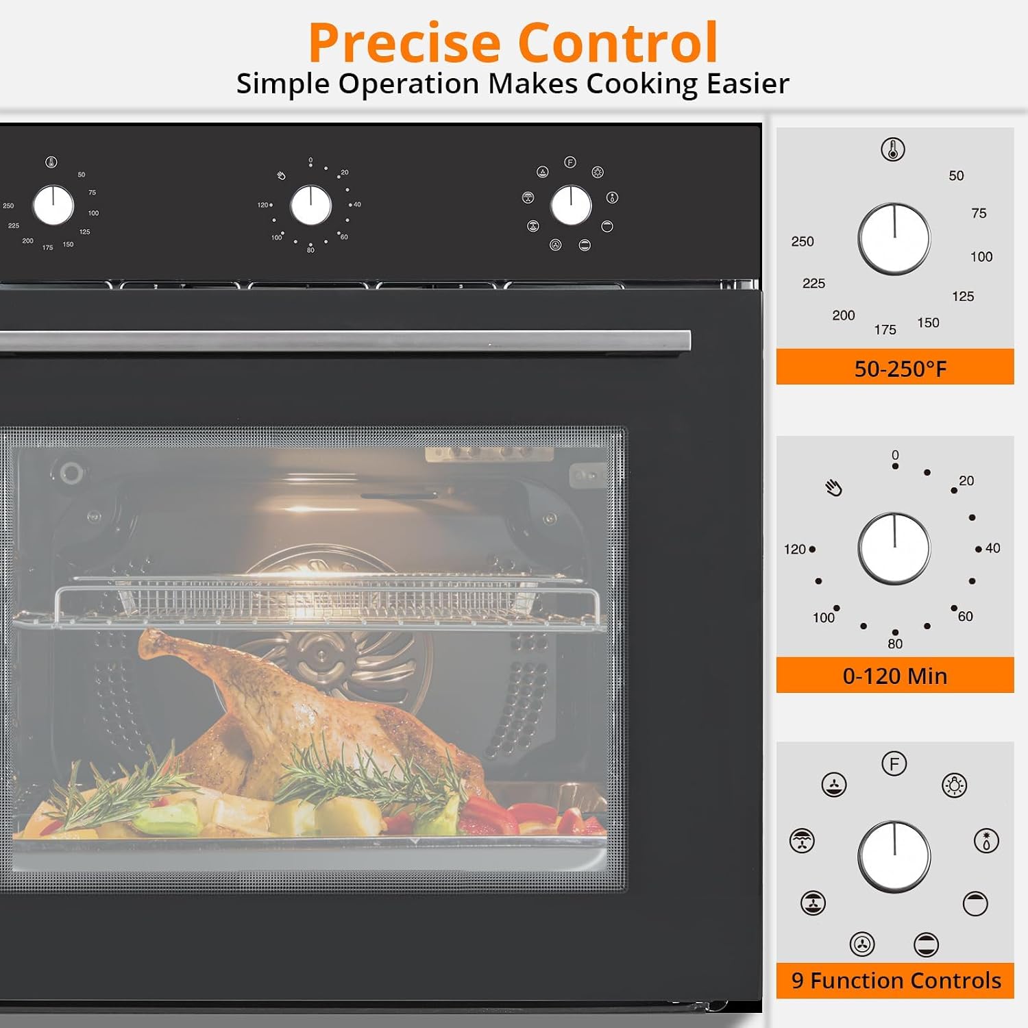24" Electric Single Wall Oven - Food-grade Enamel Cavity, 8 Cooking Functions, 3000W 3D Convection Heat, 2.3 Cu.Ft Stainless Steel with Stepless Temp Control & Touch Control (Black)