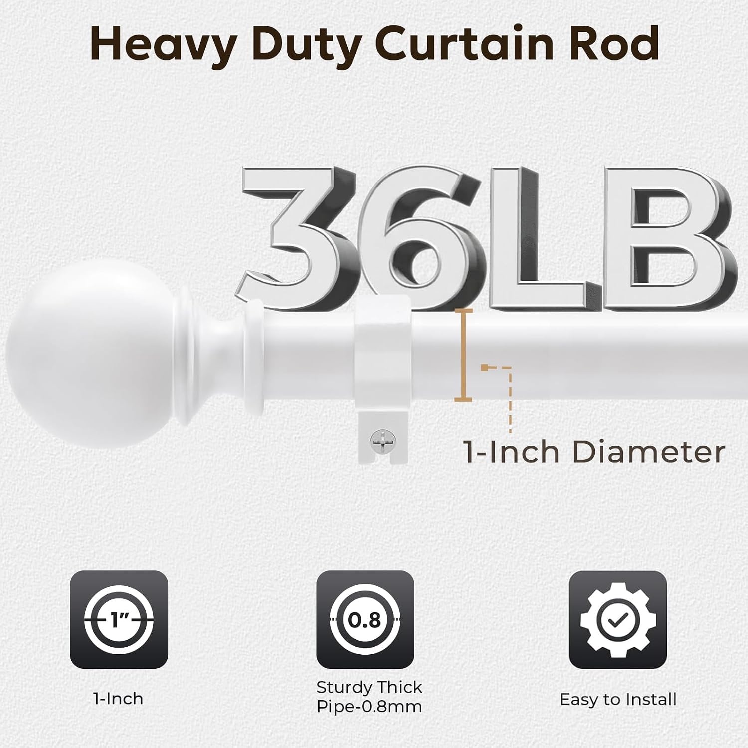 Zeerobee 1 Inch Adjustable Curtain Rods for Windows, 32"-144", White