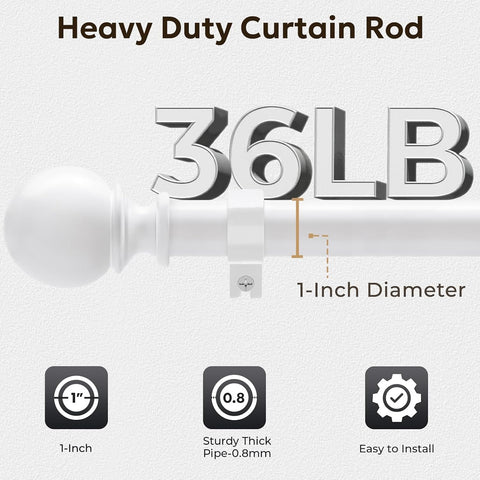 Zeerobee 1 Inch Adjustable Curtain Rods for Windows, 32"-144", White