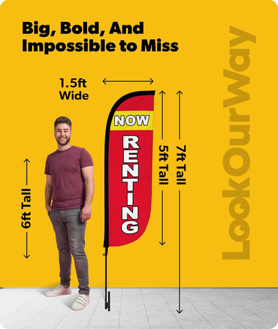 LookOurWay Feather Flag Pole Kit - 7 Feet Tall Advertising Banner with Fiberglass Pole Set and Ground Spike for Business Promotion - Real Estate Flags - Now Renting