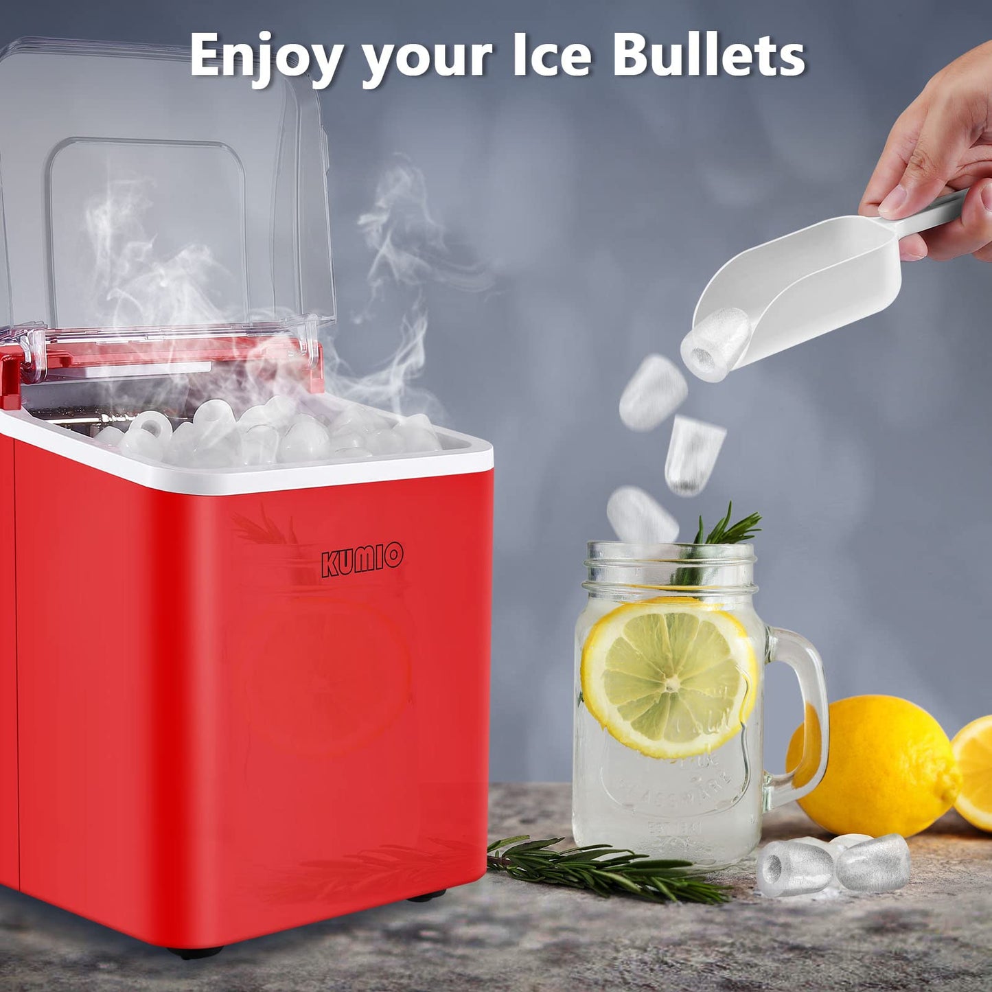 KUMIO Countertop Ice Maker, 9 Bullet Ice Fast Making in 6-8 Mins, 26.5 lbs in 24 hrs, Self-Cleaning Ice Makers Countertop, Quiet Ice Machine with Ice Scoop & Basket, Red