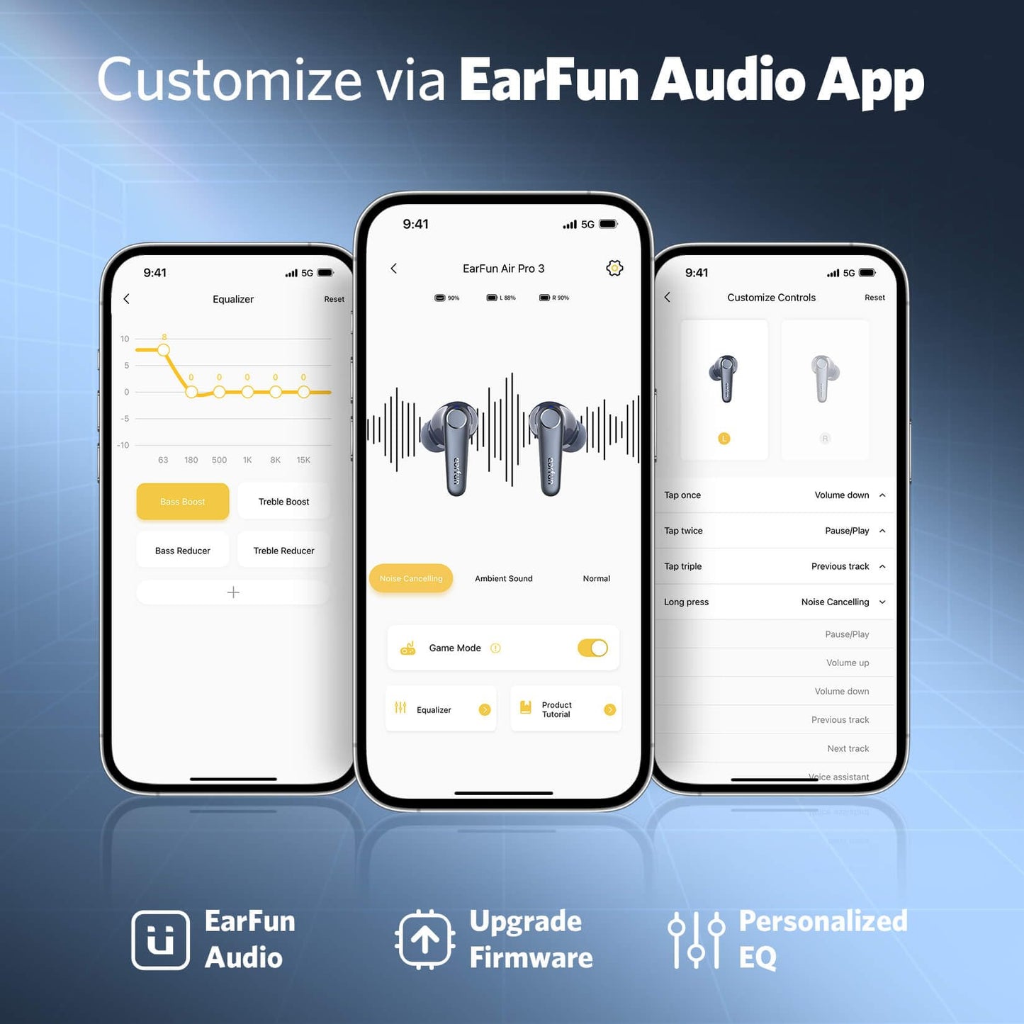 EarFun Air Pro 3 Noise Cancelling Wireless Earbuds, Qualcomm® aptX™ Adaptive Sound, 6 Mics CVC 8.0 ENC, Bluetooth 5.3 Earbuds, Multipoint Connection, 45H Playtime, App Customize EQ, Blue