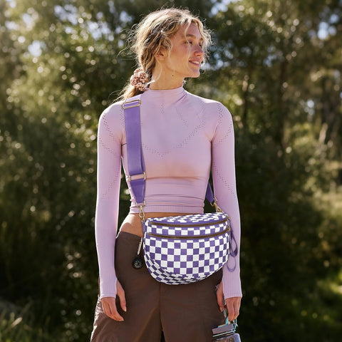hibear Checkered Crossbody Bag Spacious Bum Bags for Women Nylon Crossbody Fanny Packs Checkered Purse Belt Wallet
