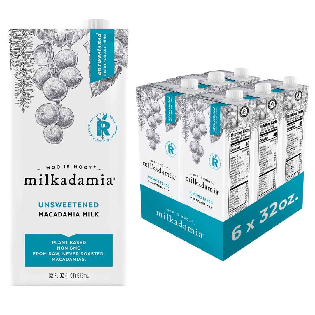 milkadamia Macadamia Milk, Unsweetened, 32 Fl Oz (Pack of 6) | Shelf Stable Plant Based Milk, Dairy Free, Lactose Free, Vegan, Non GMO, Gluten Free, Great for Coffee, Smoothies, and Baking
