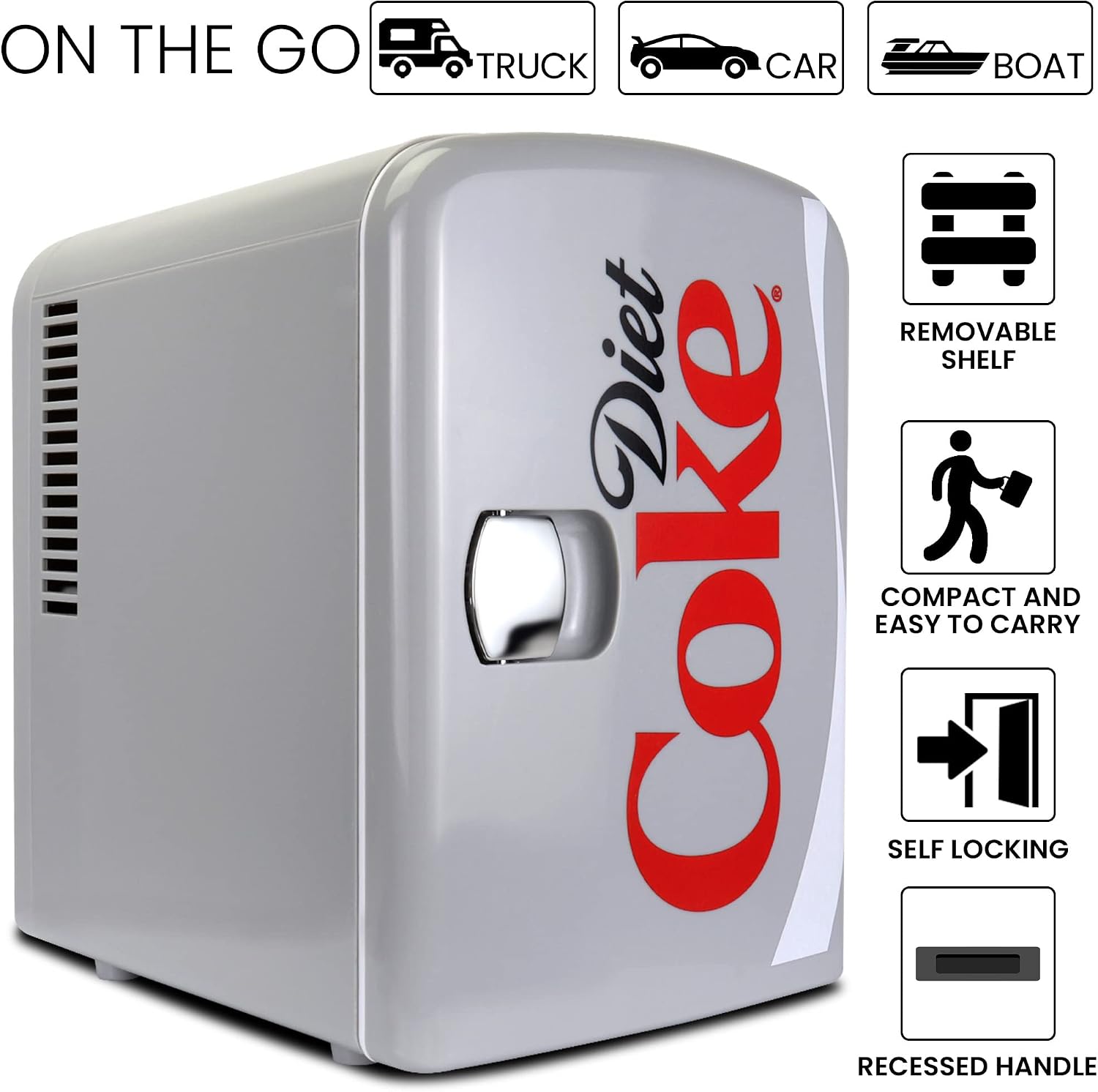 Diet Coke Mini Fridge - 6 Can Refrigerator for Bedroom Office, Portable Table Top Beverage Cooler, 12V 110V Refrigerador For Drinks, Soda, Wine, Use In Car, Dorm, Outdoor, Patio