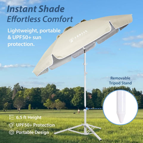 AMMSUN Shade Umbrella, Premium Portable Umbrella with Stand, 6.5ft Lightweight Free Standing Canopy for Sporting Games, Adjustable Instant Sun Protection and Easy to Carry, Beige