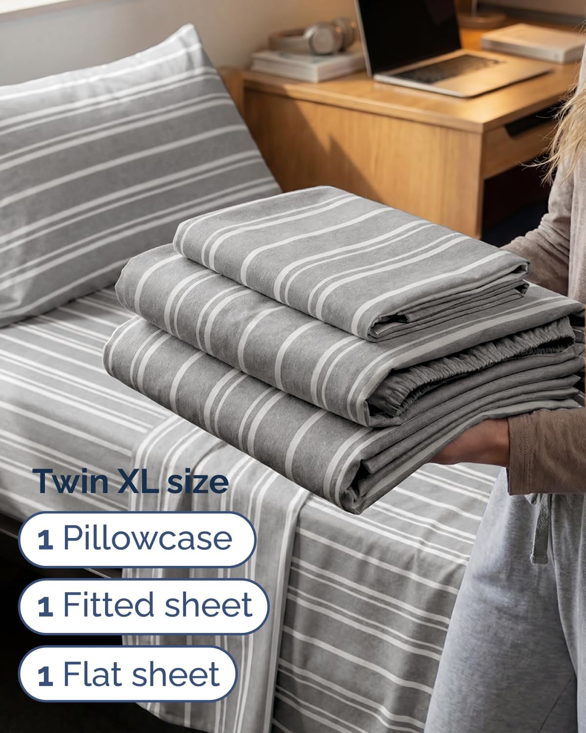 Twin XL 3 Piece Sheet Set - College Dorm Room Essentials - Grey Stripes