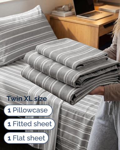 Twin XL 3 Piece Sheet Set - College Dorm Room Essentials - Grey Stripes