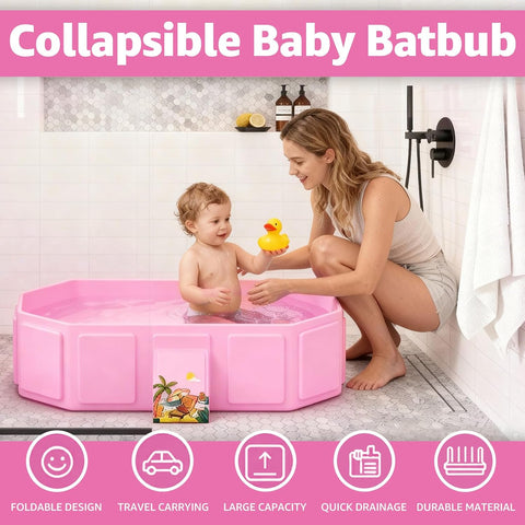 Collapsible Baby Bathtub, Toddler Bathtub with Drain Plug, Pink