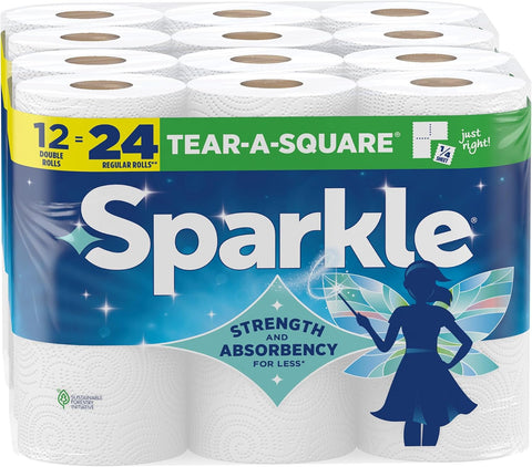 Sparkle Tear-A-Square Paper Towels, 12 Double Rolls - Strong 2-Ply Towels for Kitchen Cleanup and Everyday Messes