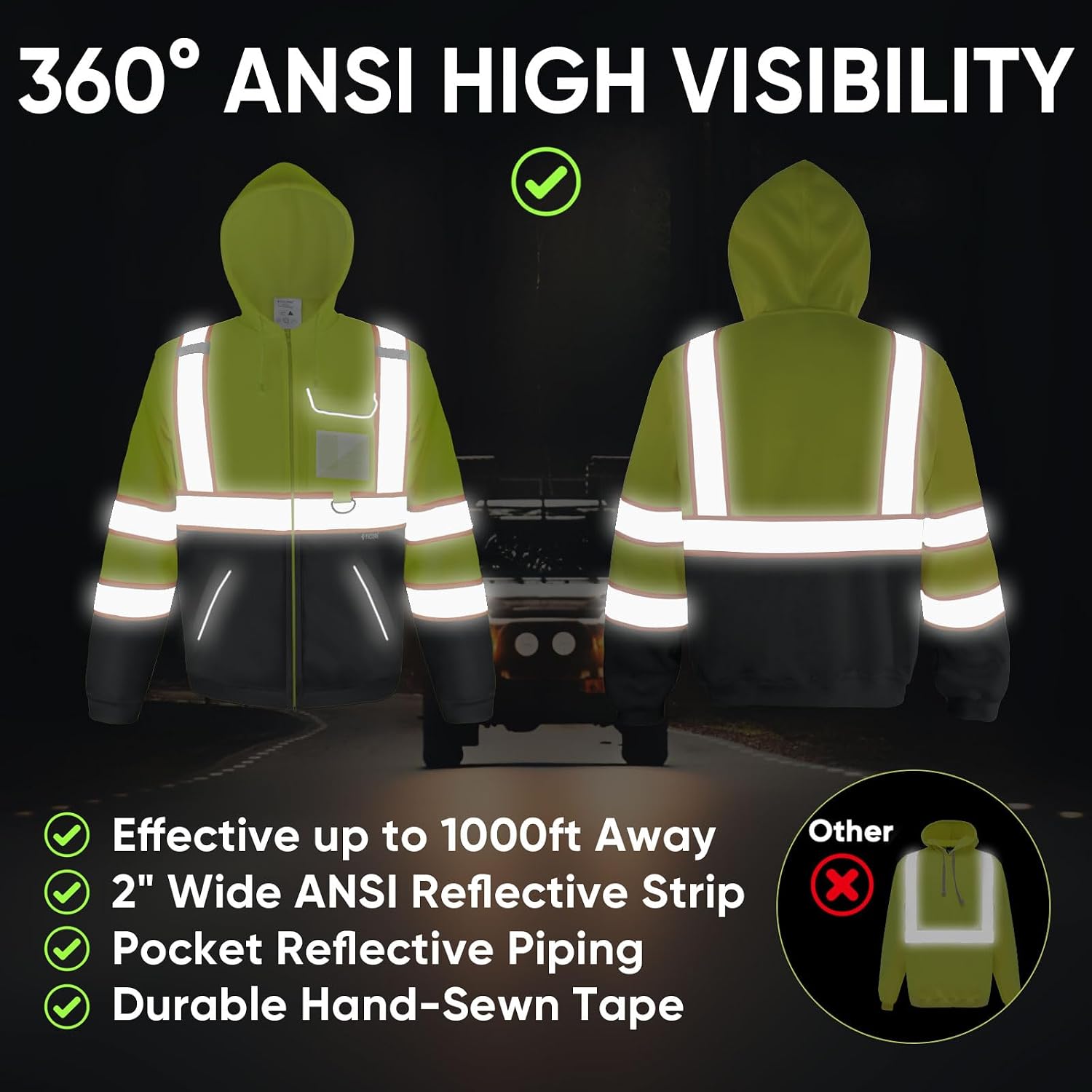 TICONN Hi Vis Safety Hoodie, ANSI Class 3 Reflective Fleece Sweatshirt