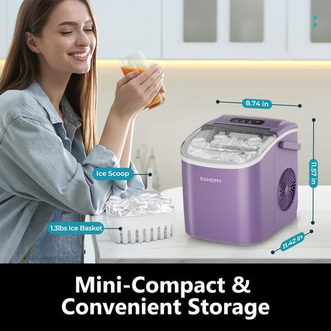 EUHOMY Countertop Ice Maker Machine with Handle, 26lbs Per Day, 9 Ice Cubes Ready in 6 Mins, Auto-Cleaning Portable Ice Maker with Basket and Scoop, for Home/Kitchen/Camping/RV (Purple)
